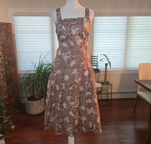 Chadwicks Cotton Tropical Leaf Print A Line Midi Dress Brown White Size 10 - Picture 1 of 8
